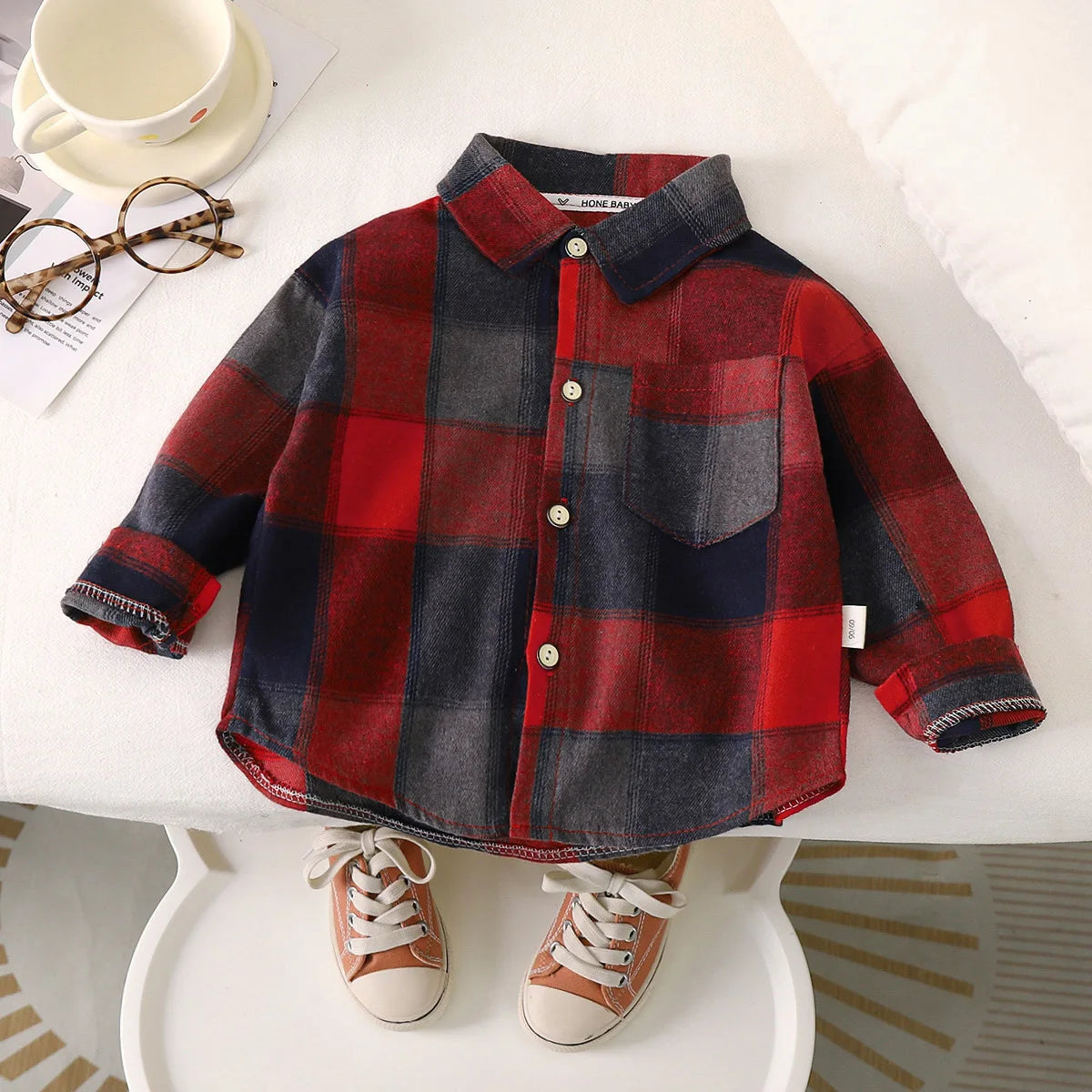 Toddler Boys Plaid red and grey button up/MyLittleGuysCloset.com