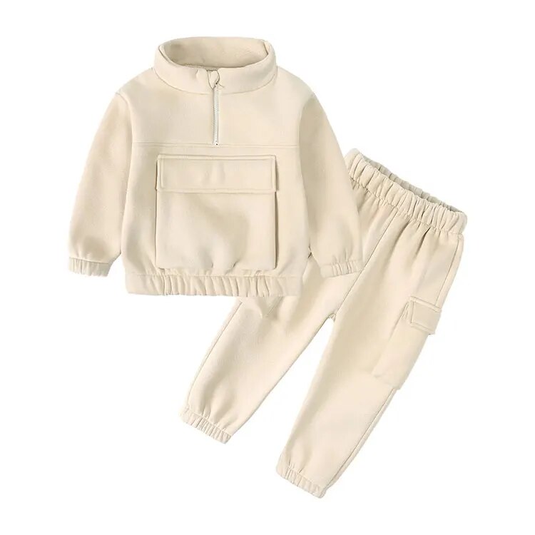 Toddler Boys Front Pocket Sweat Suit-Off White