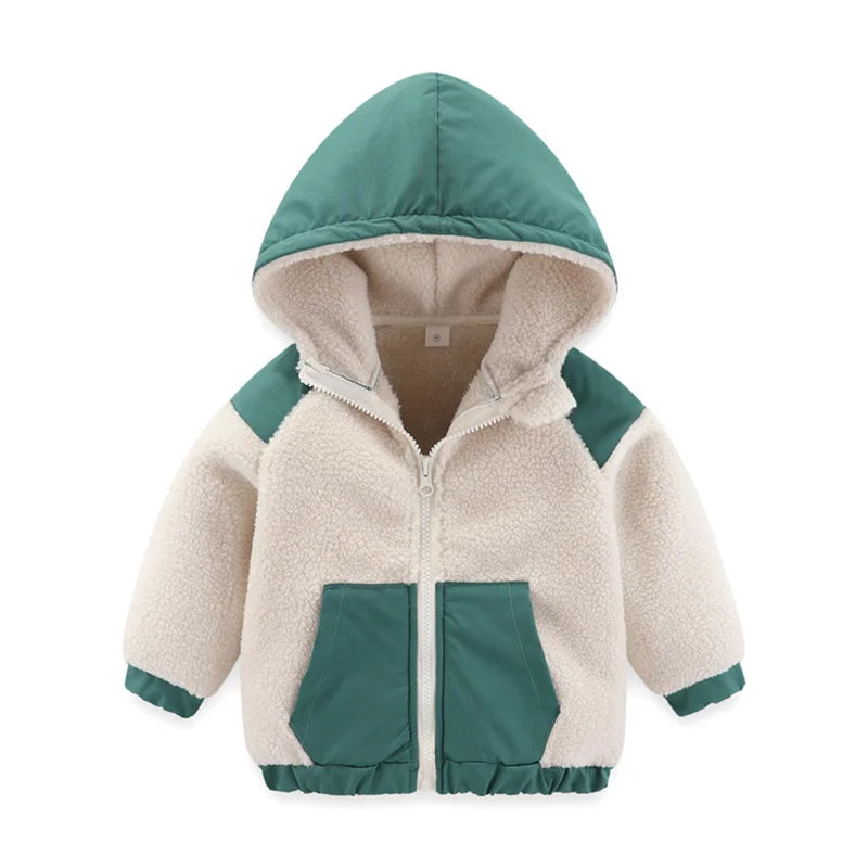 Toddler Boys Fleece with hood white and green/ Front