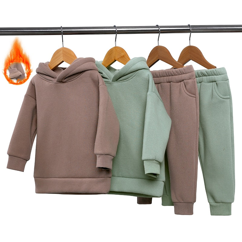 2Pcs Kids Boys Brushed Fleece Sweatsuit Hooded Pullover  Set